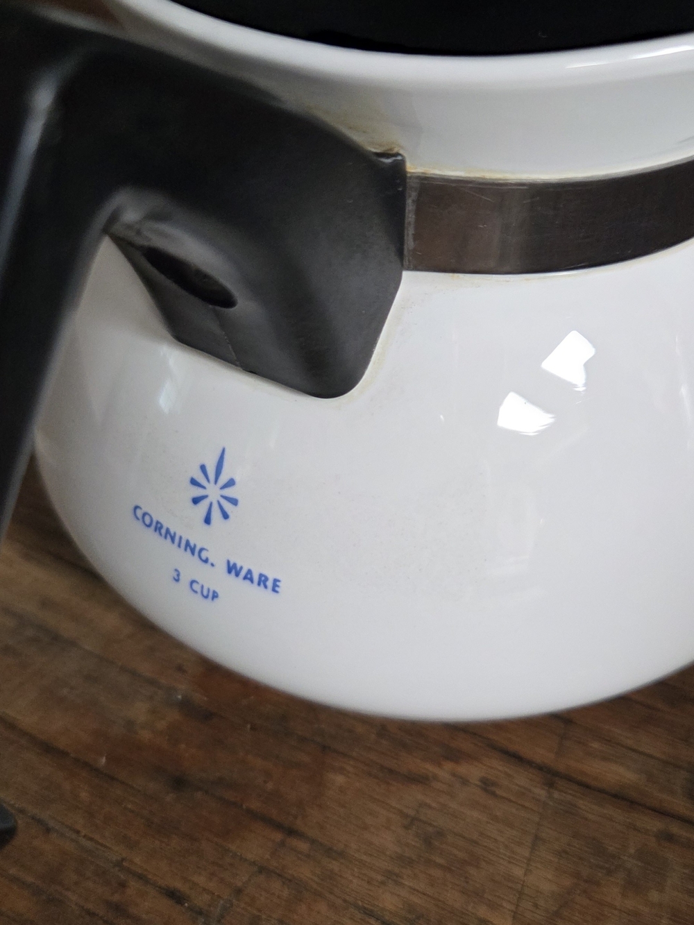 Corningware White Coffee Percolator with Black Handle and Blue Logo